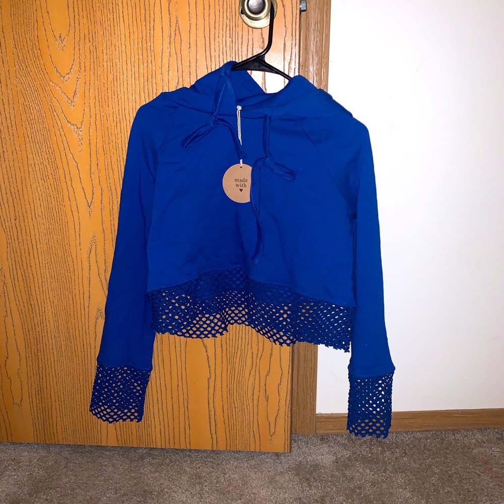 royal blue sweatshirt. cropped with lace detail